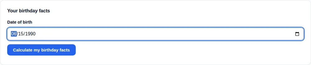 Birthday Calculator with the date of birth 15 June 1990 filled in