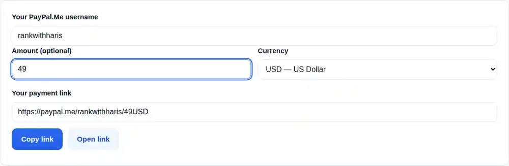 PayPal Link Generator with username rankwithharis and an amount of 49 in US dollars, the link built as paypal.me/rankwithharis/49USD
