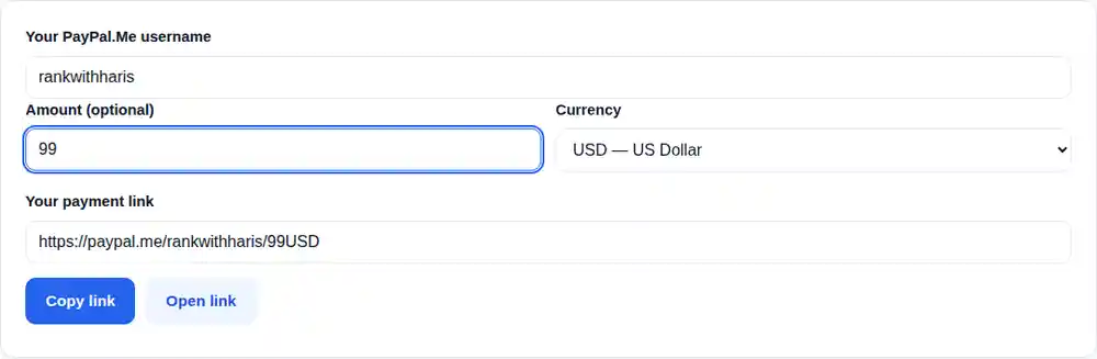 PayPal Link Generator with the amount changed to 99, the link updated to paypal.me/rankwithharis/99USD