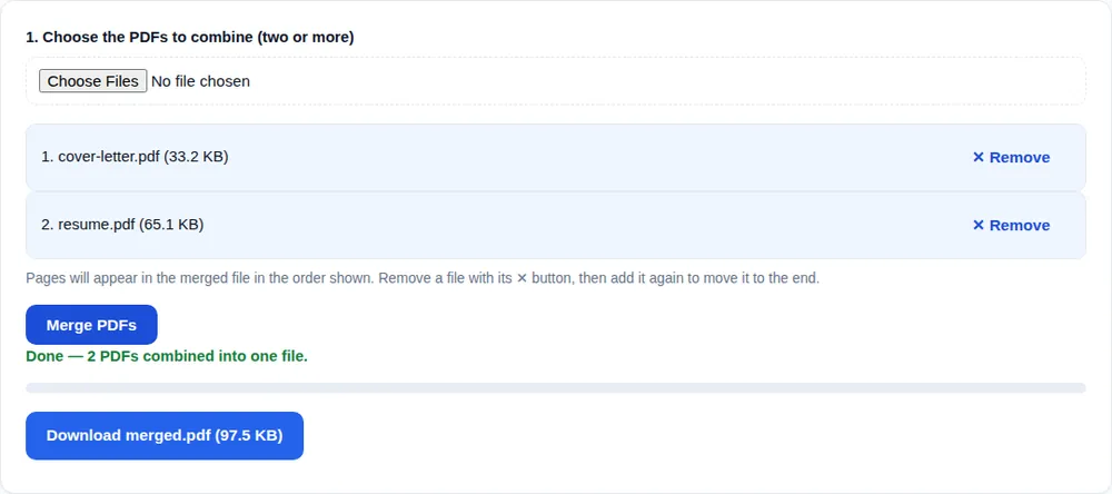 PDF Merger finished: Done, 2 PDFs combined into one file, with a Download merged.pdf (97.5 KB) button