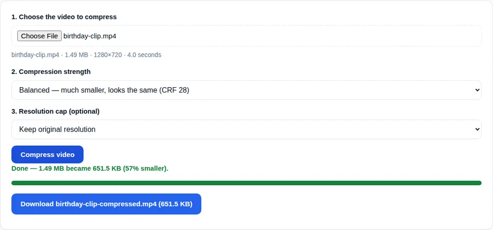 Video Compressor finished: 1.49 MB became 651.5 KB (57 percent smaller), with a download button for birthday-clip-compressed.mp4